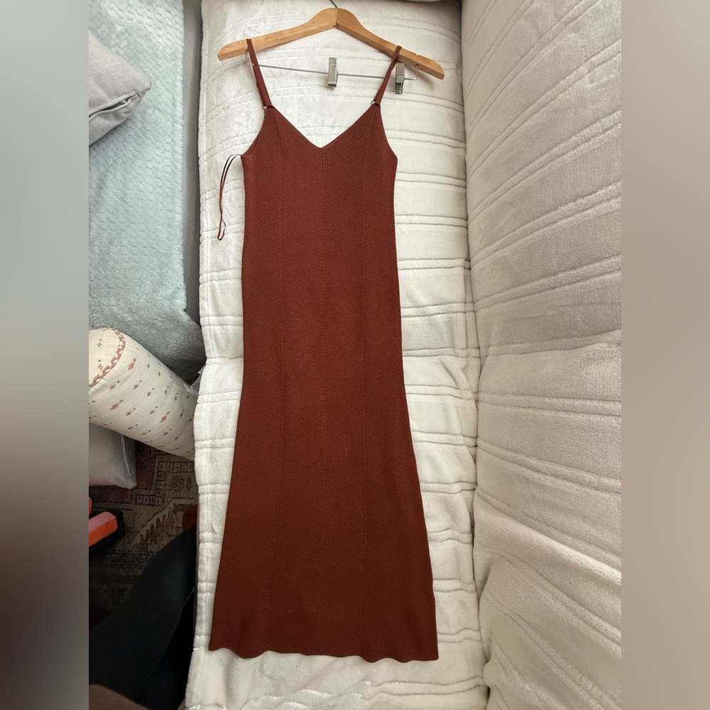 NWT Elegant rust burnt orange knit material midi dress with removable sleeves